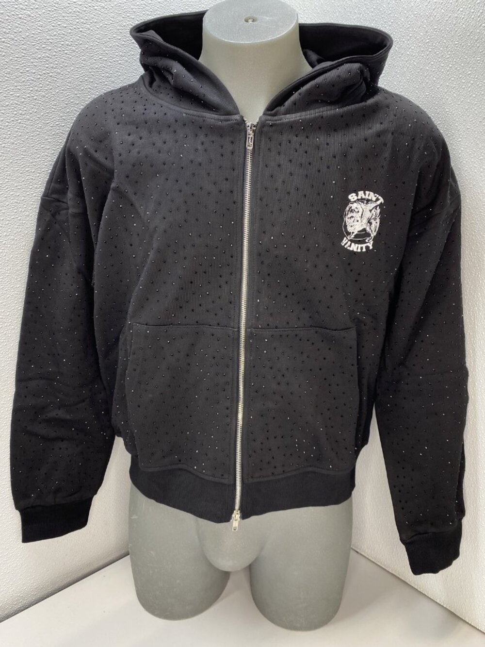 Saint Vanity Mens Hoodie Black Size 2XL Oreo Rhinestone VVS Printed Full Zip Up